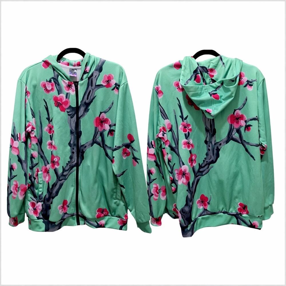 RAGE ON Womens Zip Hoodie Medium Sakura Cherry Blossom Green‎